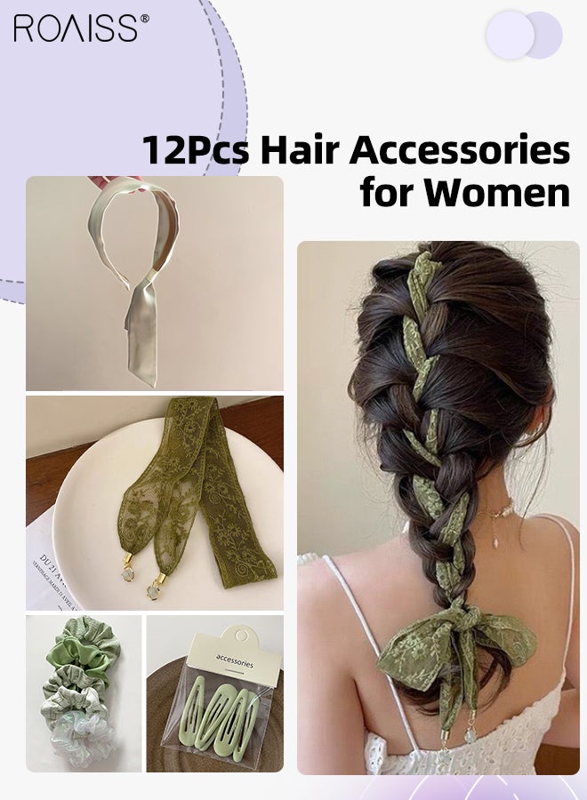 roaiss 12Pcs Hair Accessories for Women Girls, Integrated Ribbon Headband and Lace Hairband and 5Pcs Hair Scrunchies and 5Pcs Hair Clips, Green Series Hair Accessories Set - Image 1