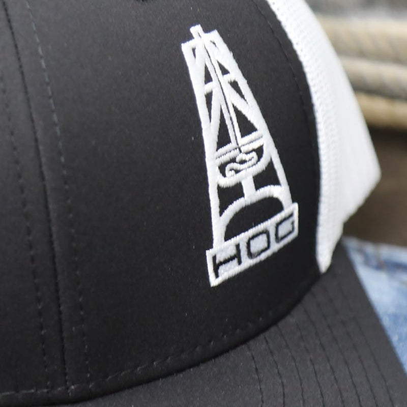 HOOEY Oil Gear (HOG) Adjustable Snapback Mesh Trucker Back Hat (Black/White) - Image 5