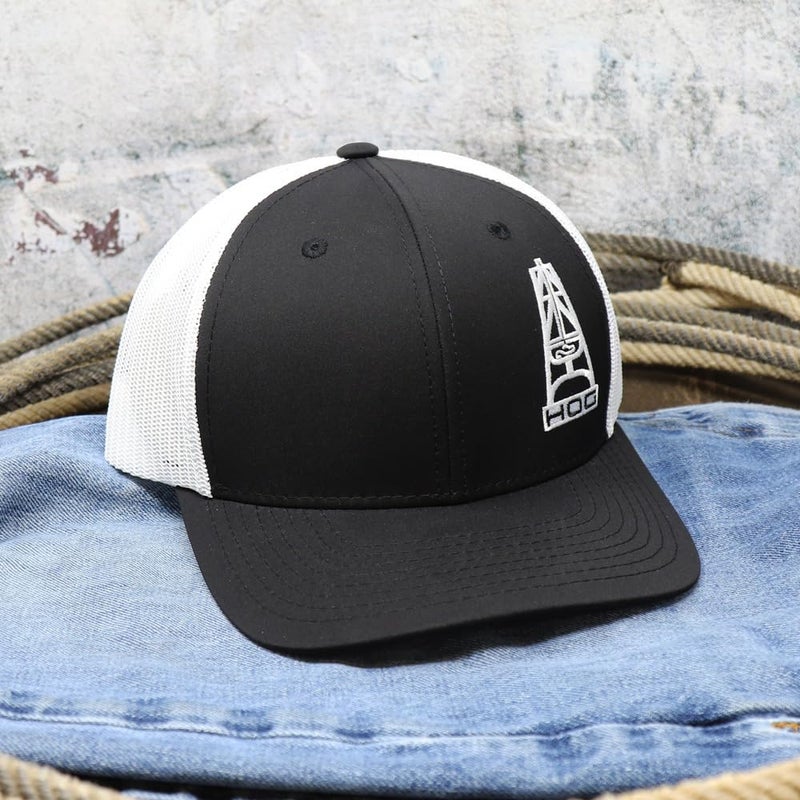 HOOEY Oil Gear (HOG) Adjustable Snapback Mesh Trucker Back Hat (Black/White) - Image 3