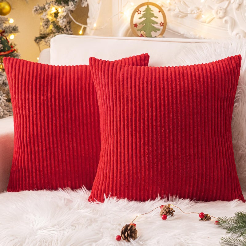 Softalker Christmas Pillow Covers 18x18 Set of 2, Super Soft Boho Striped Corduroy Pillow Cover, Xmas Decorative Throw Pillows for Sofa Couch Cushion Living Room Christmas Holiday Decor, Red - Image 1