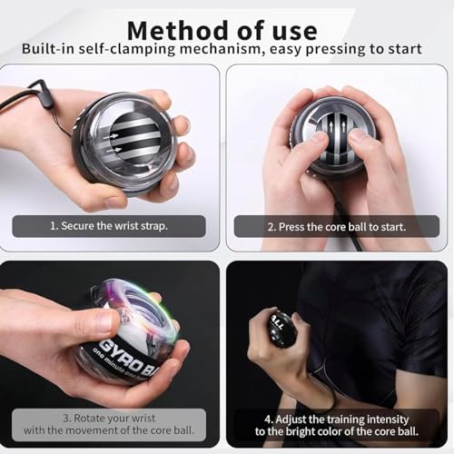 The Autostory Auto-Start Gyro Wrist Strengthener Ball for Grip, Forearm, Finger Exercise, Hand, Injury Recovery, Fitness Training & Muscle Building (Bag, Platinum Core, Lights, Metal Shell, Silver) - Image 3