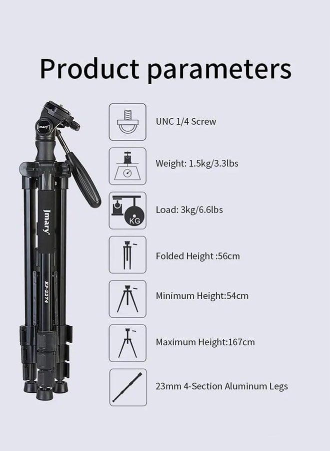 Jmary KP‑2274 Horizontal Axis Professional Tripod – 167 cm Height, 2‑in‑1 Tripod & Monopod, 360° Pan, Quick‑Release, Hook, Durable 23 mm Aluminium Legs, Supports 3 kg DSLR/Camera – Black - Image 3