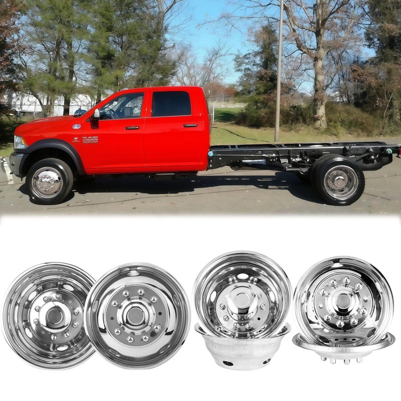 Puermto 4X 195 Bolt On Wheel Simulators Compatible with Ford 20052025 F450 F550 10 Lug 5 Hand Hole Design Front Rear Dually Hub Caps Skins Liners Rim Covers Stainless Steel Polished with Tool Kits