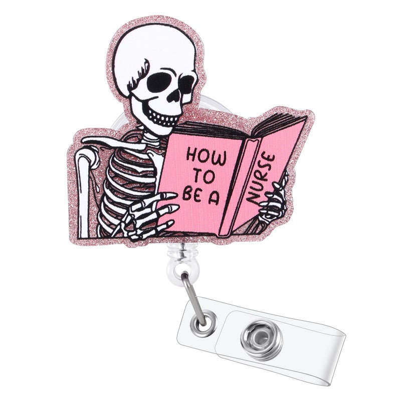 BVIIE Funny Skeleton Badge Reel, ID Badge Holder Retractable Clip, How to BE A Nurse Badge Reel, Pink Nursing Student Badge Reel, RN LPN CNA MA Medical Worker Nurse Badge Reel Accessories for Work - Image 1