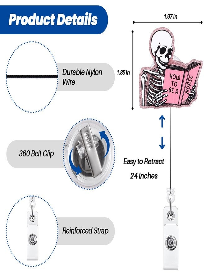 BVIIE Funny Skeleton Badge Reel, ID Badge Holder Retractable Clip, How to BE A Nurse Badge Reel, Pink Nursing Student Badge Reel, RN LPN CNA MA Medical Worker Nurse Badge Reel Accessories for Work - Image 4