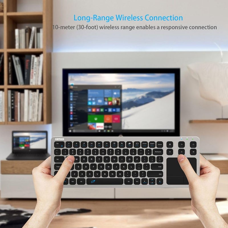 Arteck 2.4G Wireless Touch TV Keyboard with Easy Media Control and Built-in Touchpad Mouse Solid Stainless Ultra Compact Full Size Keyboard -Connected Computer, Smart TV, HTPC - Image 4