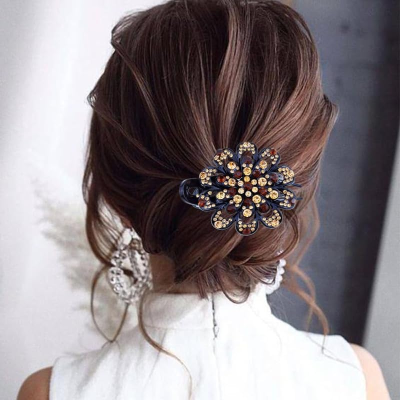 FAMEZA 1 PCS PACK Rhinestone Flower Barrettes Womens French Curved Duckbill Uniquely Hair Bun Holder for Thick Long Hair (MULTIICOLOR) - Image 5
