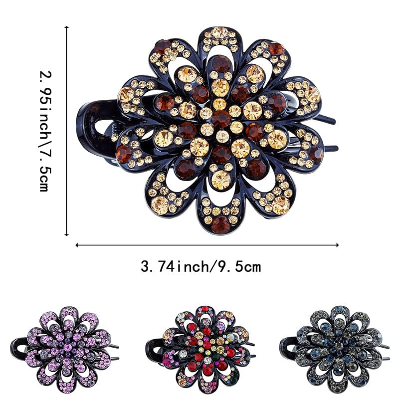 FAMEZA 1 PCS PACK Rhinestone Flower Barrettes Womens French Curved Duckbill Uniquely Hair Bun Holder for Thick Long Hair (MULTIICOLOR) - Image 2