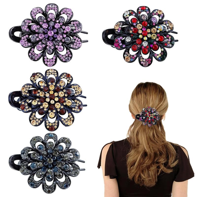 FAMEZA 1 PCS PACK Rhinestone Flower Barrettes Womens French Curved Duckbill Uniquely Hair Bun Holder for Thick Long Hair (MULTIICOLOR) - Image 1