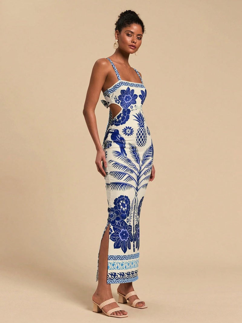 Floerns Women's Tropical Bow Tie Back Long Dress Sleeveless Split Vacation Maxi Dress Blue Medium - Image 4