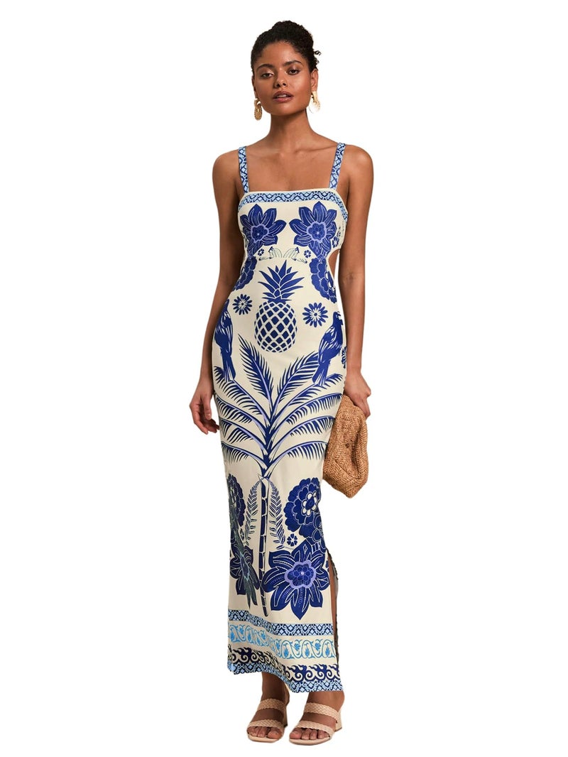 Floerns Women's Tropical Bow Tie Back Long Dress Sleeveless Split Vacation Maxi Dress Blue Medium - Image 1