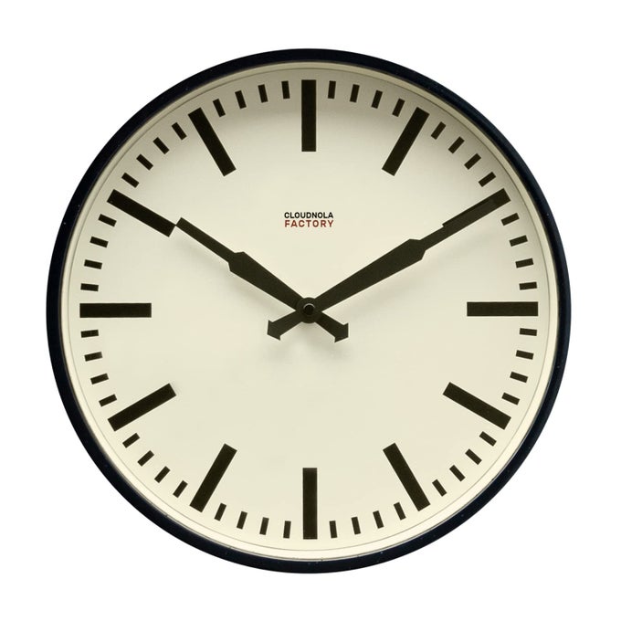STATION METAL WALL CLOCK BLACK AND WHITE 12 INCH DIAMETER SILENT NON TICKING BATTERY OPERATED QUARTZ MOVEMENT