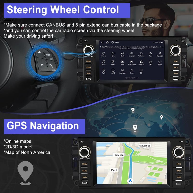 Votheon 2GB+64GB Radio Upgrade for Jeep Wrangler 2007-2018,Ram 1500,Chrysler,etc...7" HD Touch Screen with Wireless CarPlay/Android Auto FM AM WiFi GPS DSP - Image 4