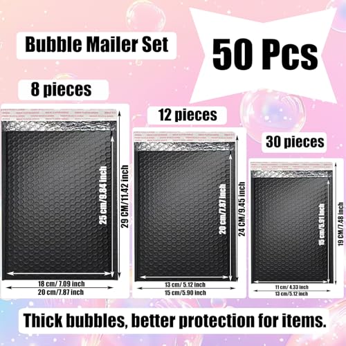 xlehoely 50 PCS Bubble Mailers, Black Poly Padded Envelopes, Waterproof Shipping Bags, Self Seal Cushion Envelopes for Mailing, Shipping, Packing, Small Business, 3 Sizes - Image 2