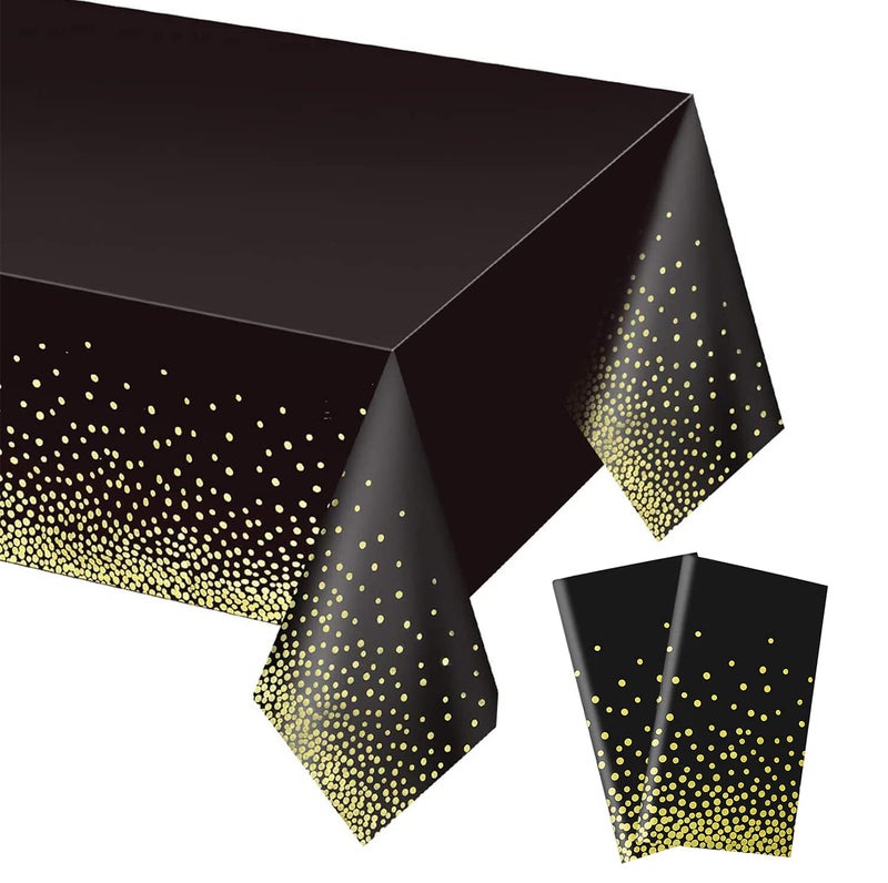 Gexolenu 2 Pack Premium Black and Gold Disposable Plastic Tablecloth for Rectangle Tables54 x 108 Disposable Waterproof Table Cover for Birthday Graduation Gold Table Cloths Party Supplies