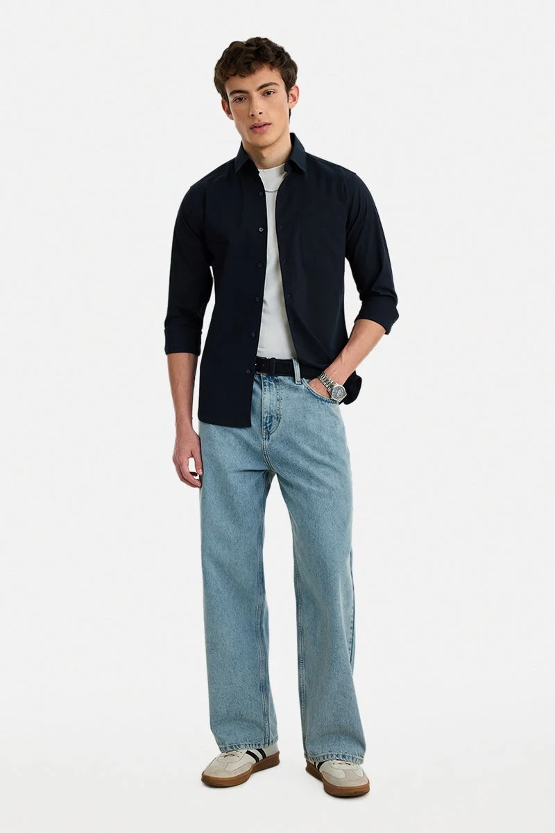 سنيتش Navy Solid Long Sleeve Slim Fit Shirt