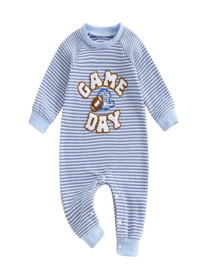 Ayalinggo Newborn Baby Boy Girl Football Outfit Long Sleeve Romper Striped Jumpsuit Rugby Game Day Infant Fall Winter Outfits (Blue, 6-12 Months) - Image 1