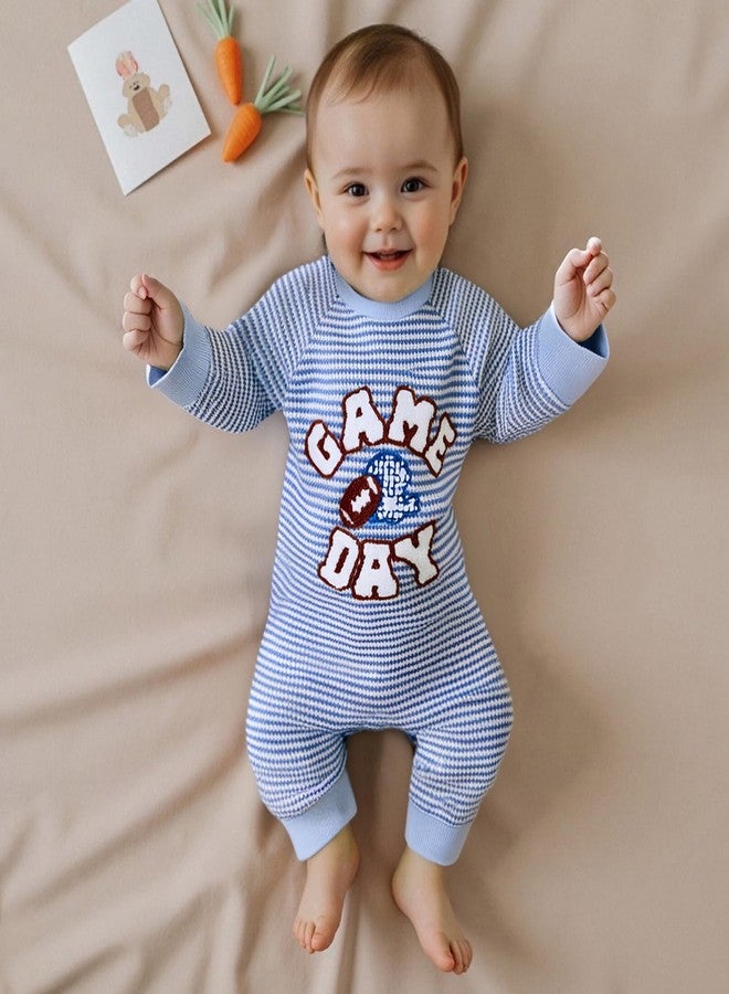 Ayalinggo Newborn Baby Boy Girl Football Outfit Long Sleeve Romper Striped Jumpsuit Rugby Game Day Infant Fall Winter Outfits (Blue, 6-12 Months) - Image 3