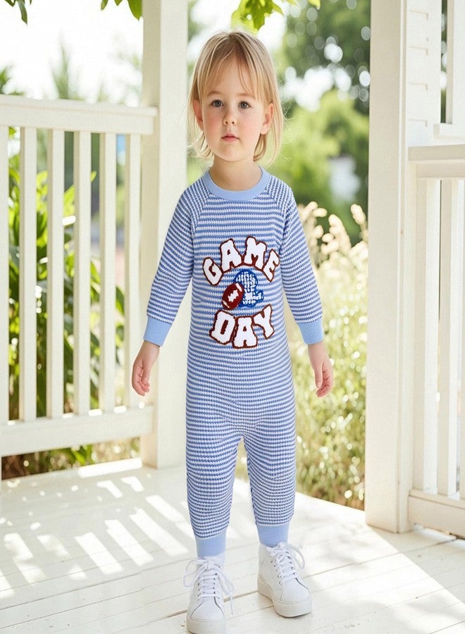 Ayalinggo Newborn Baby Boy Girl Football Outfit Long Sleeve Romper Striped Jumpsuit Rugby Game Day Infant Fall Winter Outfits (Blue, 6-12 Months) - Image 2