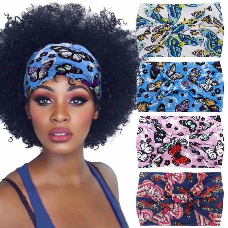 Aceorna Boho Butterfly Headbands Knotted Floral Printed Stretch Hairbands Elastic Turban Head Wraps for Women and Girls Pack of 4 Butterfly C