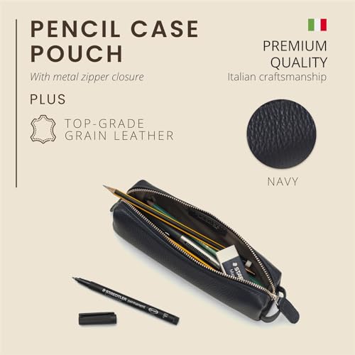 Maruse Pencil Case Italian Grained Leather Zipper Case for Pen and Pencils Work Accessories Made in Italy Navy - Image 3