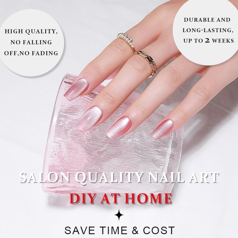 evpct Pink Cat Eye Press on Nails Square Medium Coffin, Medium Square Stick on Nails for Women Gift, Plum Pink Metallic Glitter Glossy Reusable Spring Summer Press on Acrylic Fake Nail with Design - Image 3