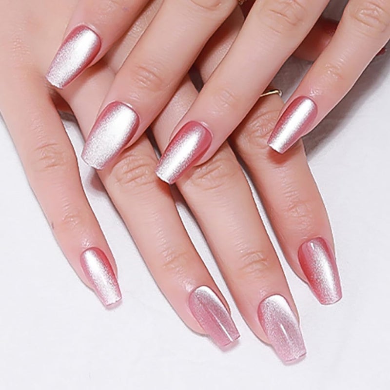 evpct Pink Cat Eye Press on Nails Square Medium Coffin, Medium Square Stick on Nails for Women Gift, Plum Pink Metallic Glitter Glossy Reusable Spring Summer Press on Acrylic Fake Nail with Design - Image 1