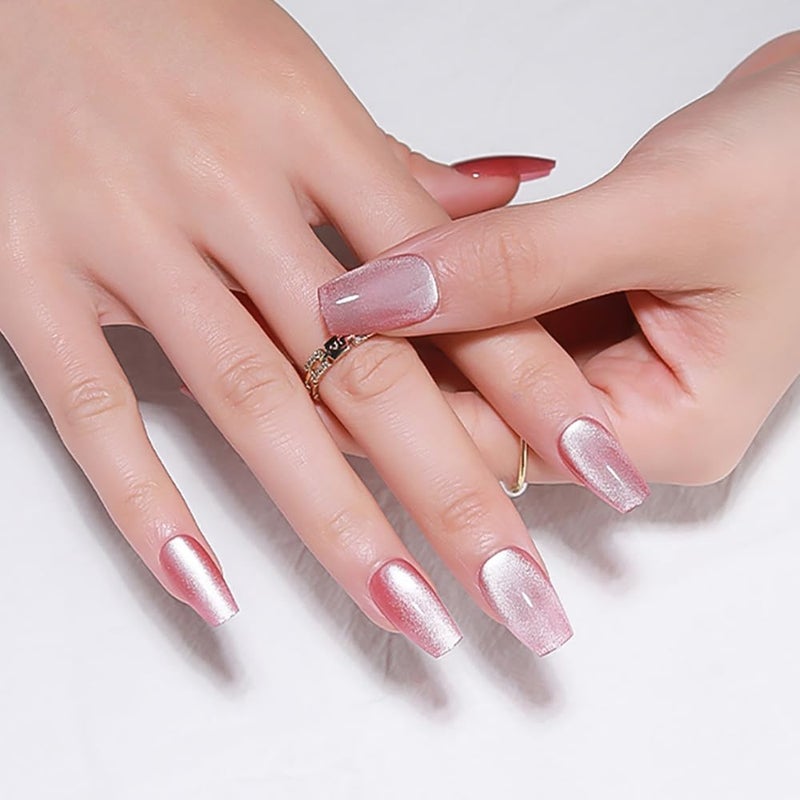 evpct Pink Cat Eye Press on Nails Square Medium Coffin, Medium Square Stick on Nails for Women Gift, Plum Pink Metallic Glitter Glossy Reusable Spring Summer Press on Acrylic Fake Nail with Design - Image 2