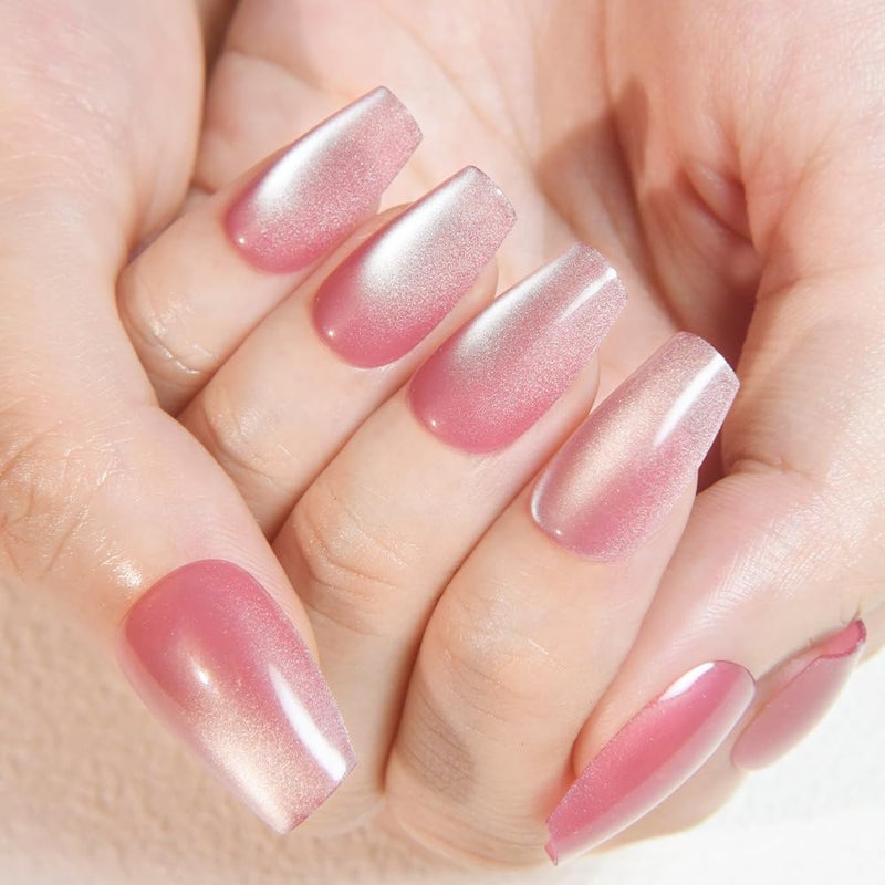 evpct Pink Cat Eye Press on Nails Square Medium Coffin, Medium Square Stick on Nails for Women Gift, Plum Pink Metallic Glitter Glossy Reusable Spring Summer Press on Acrylic Fake Nail with Design - Image 4