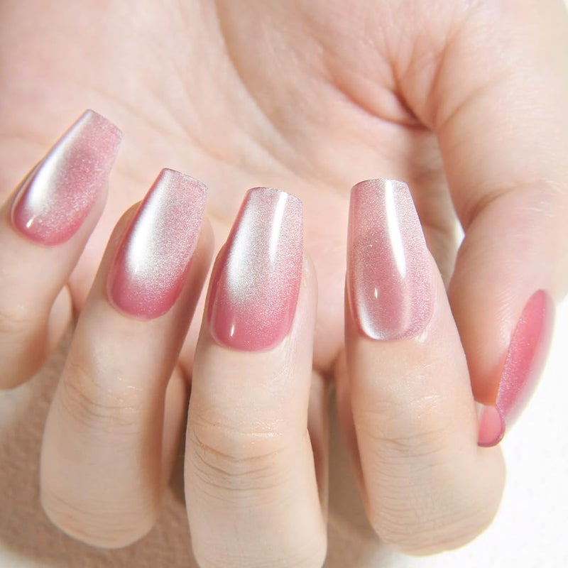 evpct Pink Cat Eye Press on Nails Square Medium Coffin, Medium Square Stick on Nails for Women Gift, Plum Pink Metallic Glitter Glossy Reusable Spring Summer Press on Acrylic Fake Nail with Design - Image 5