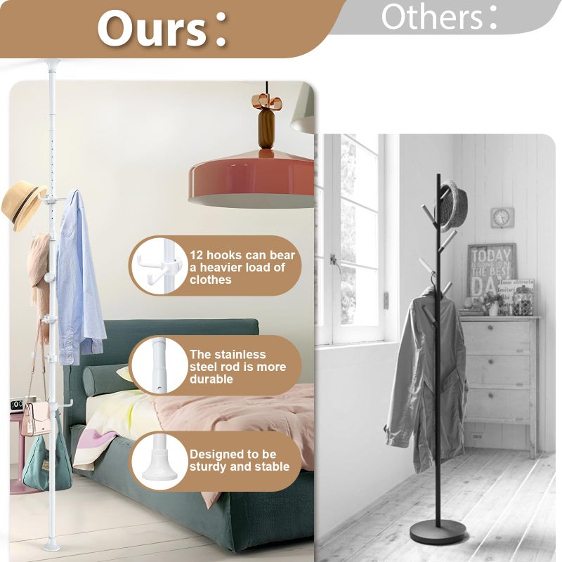 Sempicad Coat Rack Freestanding, 56 to 125 inch Adjustable Tension Rod Coat Tree with 12 Hooks for Hanging Plant,Coat, Jacket, Hat, Scarf, Suitable for Living Room, Balcony, Kitchen White - Image 5