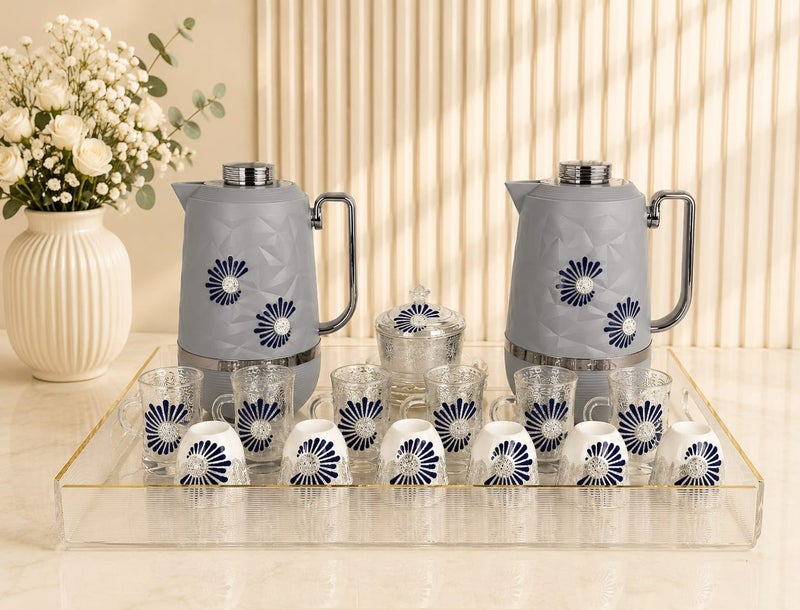 Radin 22 Pieces Arabic Tea & Coffee Set with 2 Thermos Flasks, 6 Tea Cups, 6 Saucers, 6 Arabic Qahwa Cups, Serving Tray & Sugar Bowl with Lid | Luxury Arabic Hospitality Serving Set - Image 2