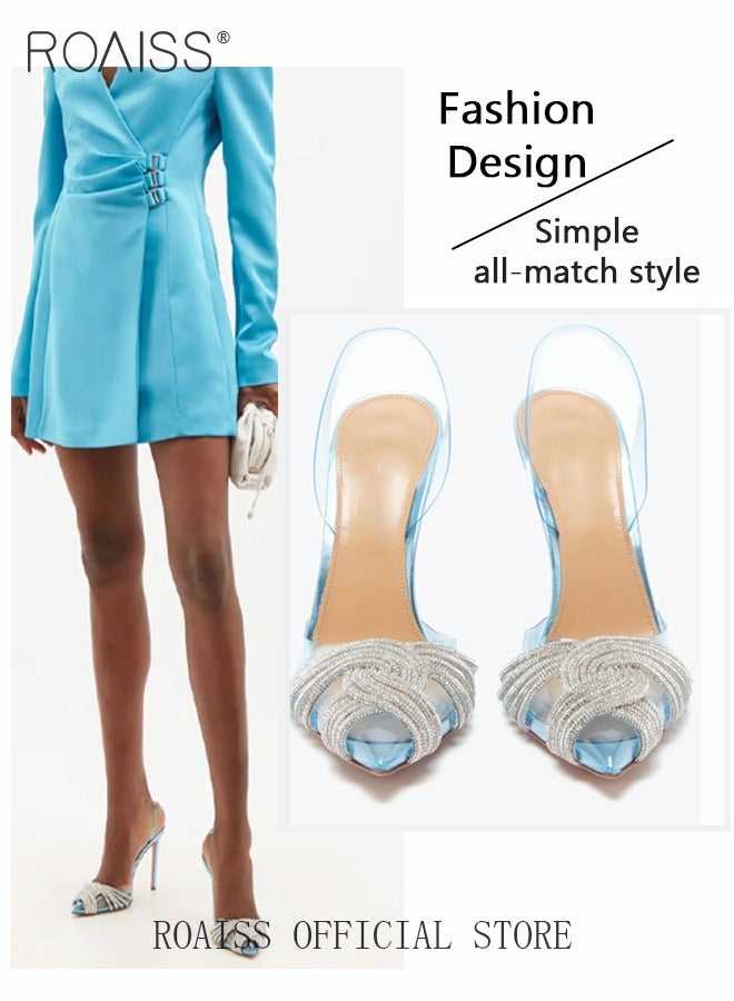 رويس صندل نسائي أنيق وجذاب بكعب عالٍ، مقدمة مدببة، مزين بأحجار الراين الشفافة، مناسب للحفلات والمناسبات الرسمية والارتداء اليومي، باللون الأزرق. - Image 4
