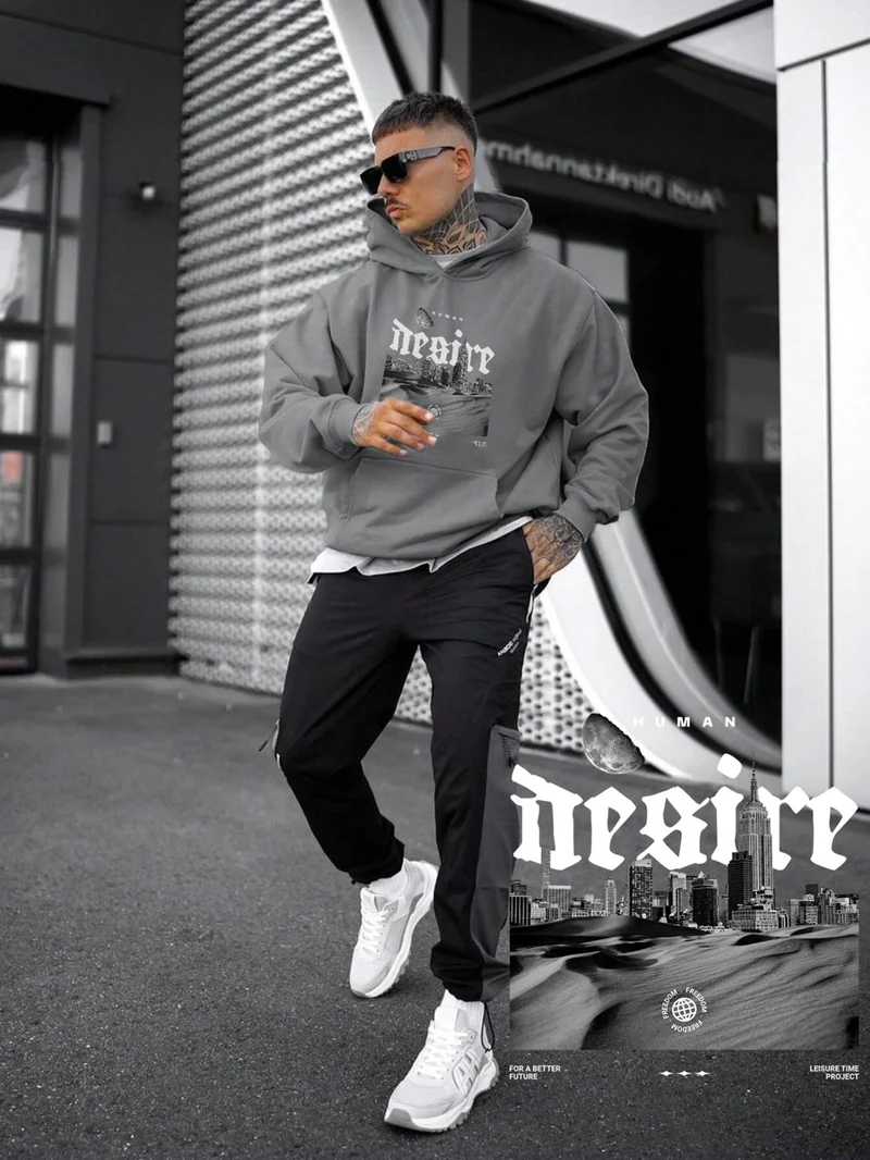 DogFish Women, Men's Sweatshirt Oversize Human Desire Printed Thick Gray Lover Sweatshirt