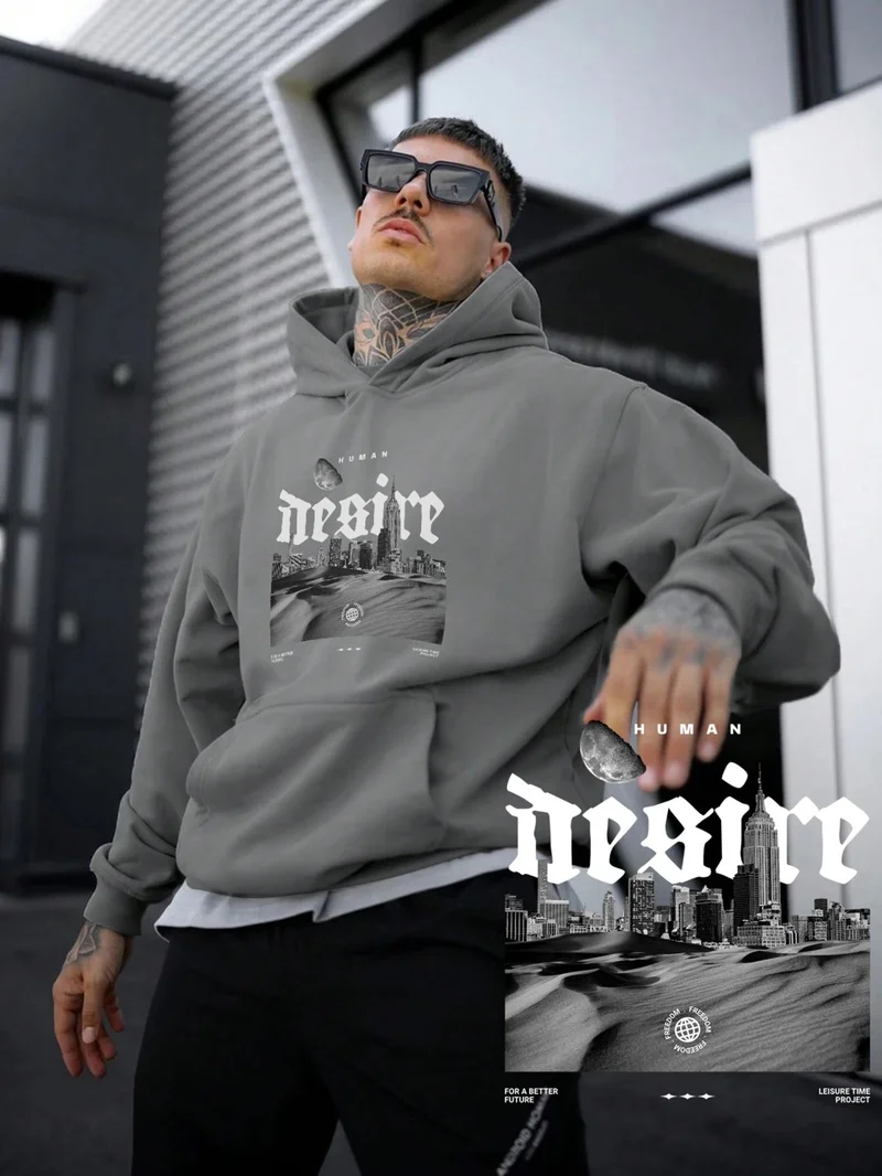 DogFish Women, Men's Sweatshirt Oversize Human Desire Printed Thick Gray Lover Sweatshirt