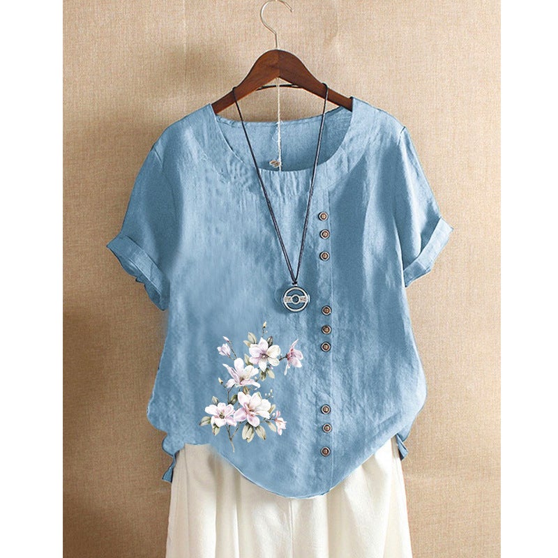 2023 in stock cross-border foreign trade spring new European and American womens flower button plus size cotton and linen shirt shirt shirt Blue 