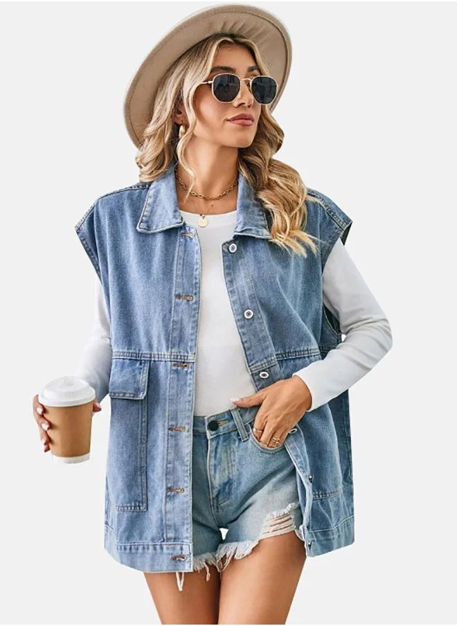 يونيكي Blue Collared Sleeveless Denim Jacket