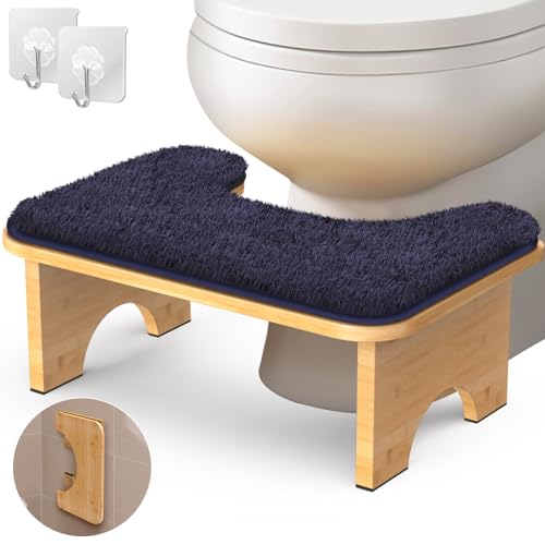 Vatex Bamboo Toilet Stool 7 Foldable Potty Poop Bathroom Stool with Extra Soft Microfiber Rug and Hooks NonSlip Toilet Assistance Step Stool for Adult Improve Squatting Posture Healthy Gifts