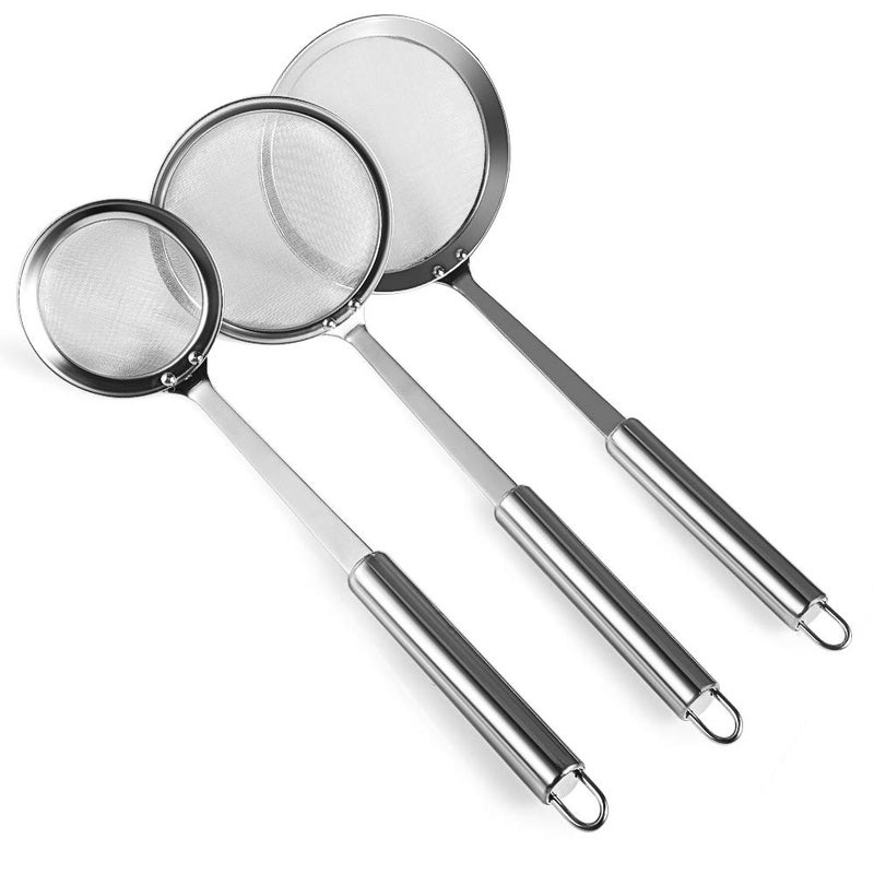 Picowe Picowe 3 Pack Skimmer Spoon Stainless Steel Hot Pot Fat Fine Mesh Skimming Grease and Foam Strainer Oil Filter Cooking Mesh Food Strainer  Length 95 Diameter 3 4 45