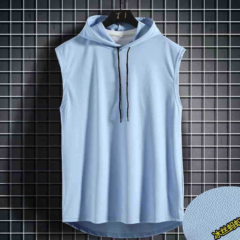 New sleeveless vest top mens casual T-shirt solid color hooded sweater lace-up T-shirt hip-hop mens sweatshirt Blue vest hooded - Image 1
