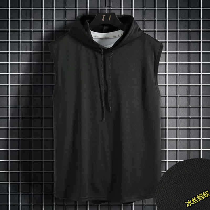 New sleeveless vest top mens casual T-shirt solid color hooded sweater lace-up T-shirt hip-hop mens sweatshirt Blue vest hooded - Image 4