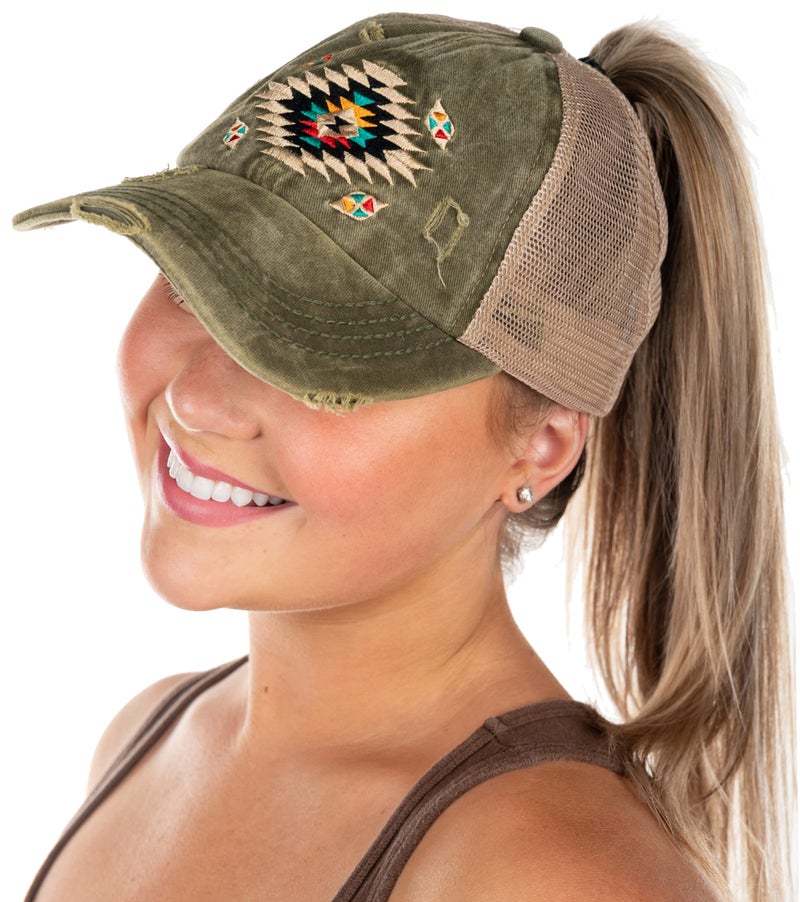 Funky Junque Criss Cross Hats for Women Messy Bun Ball Cap Ponytail Hat Funny Distressed Vintage Look - Aztec Design - Dark Olive - Image 1