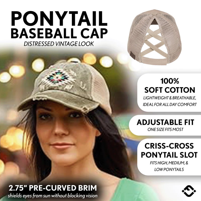 Funky Junque Criss Cross Hats for Women Messy Bun Ball Cap Ponytail Hat Funny Distressed Vintage Look - Aztec Design - Dark Olive - Image 2