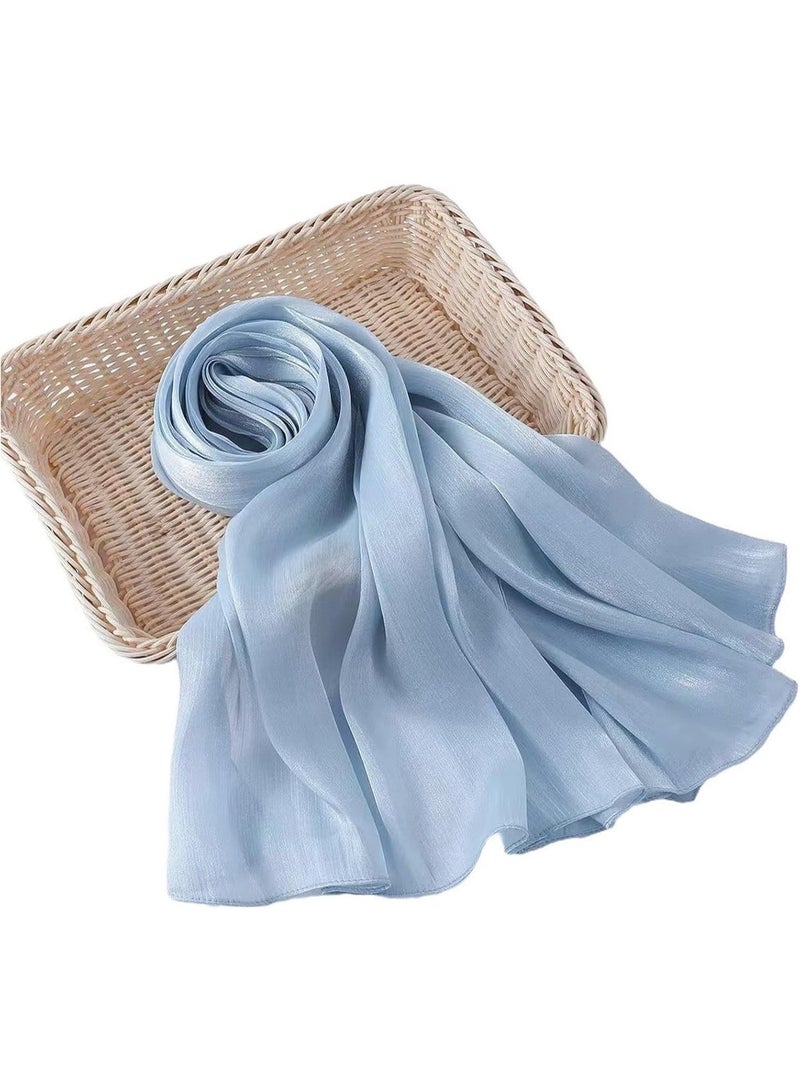 Light Blue Shiny Gloss Chiffon Hijab Scarf 180*70cm, Women Elegant Lightweight Wedding Shawl Wrap Cape - Image 3