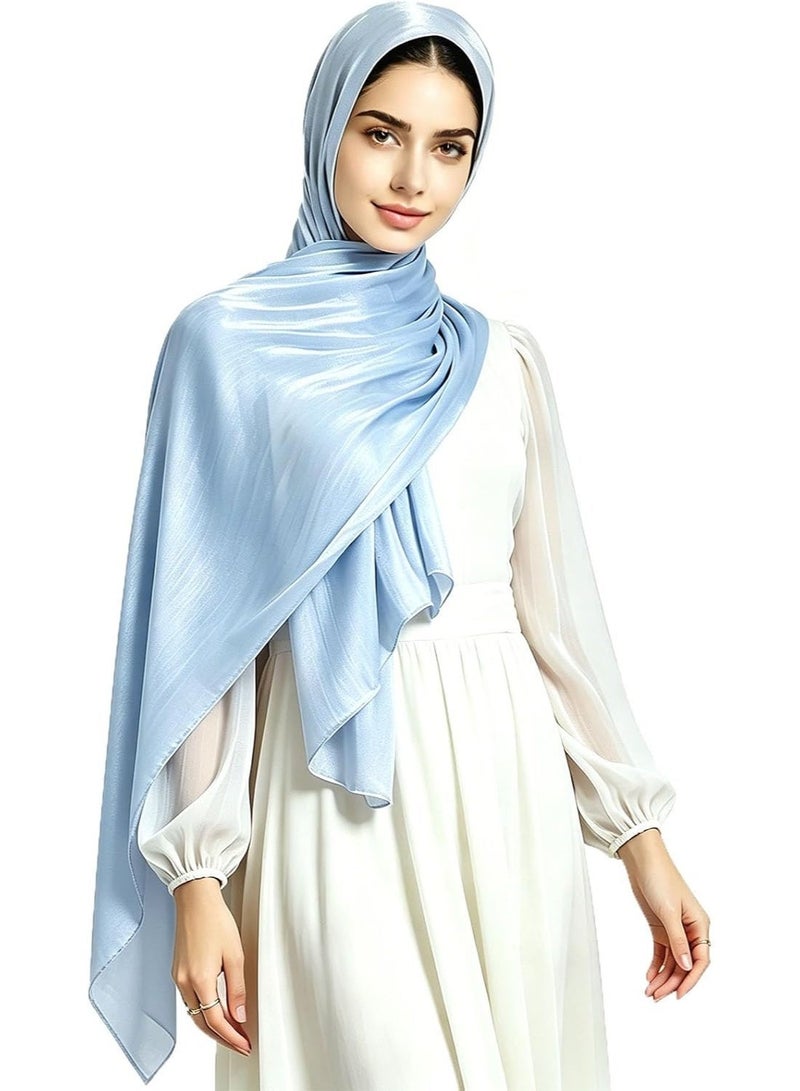 Light Blue Shiny Gloss Chiffon Hijab Scarf 180*70cm, Women Elegant Lightweight Wedding Shawl Wrap Cape - Image 1