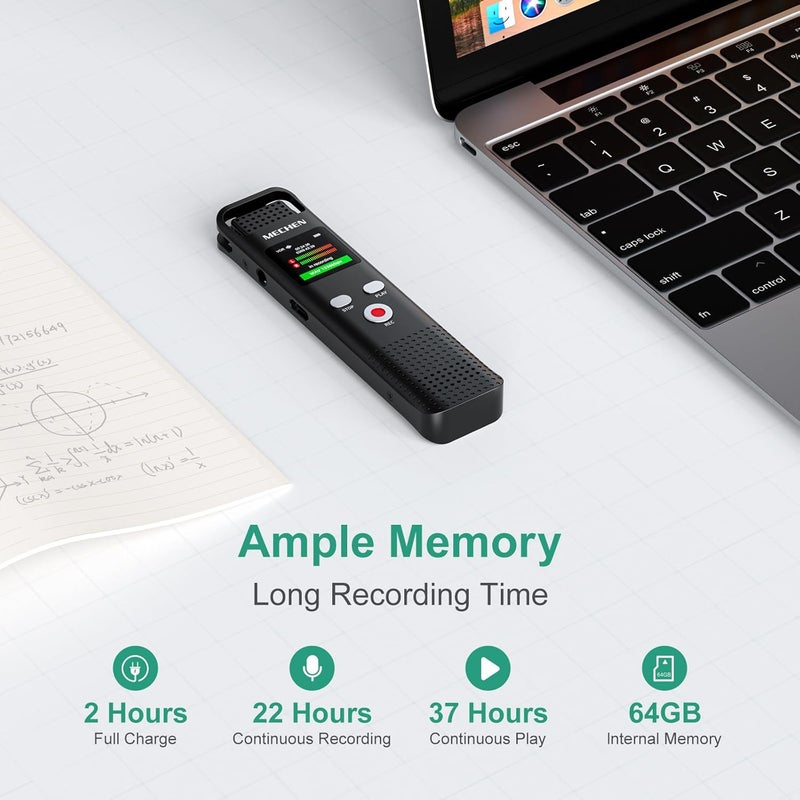 MECHEN Voice Recorder with Voice Activation - 64GB Digital Dictaphone, 7 Level Sensitivity Noise Reduction, USB C, 1536kbps, Music Playback, Microphone, Password, Ideal for Lectures Meetings Classes - Image 5