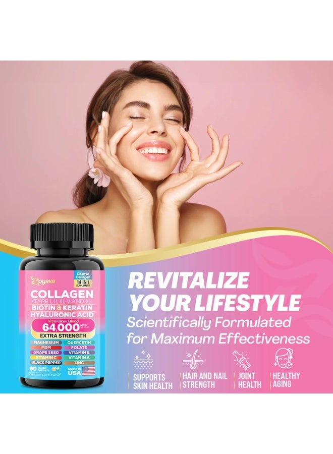 Zoyava Collagen Complex – Type I, II, III, V & X Collagen with Biotin, Keratin, Hyaluronic Acid, MSM & Grape Seed – Supports Hair, Skin, Nails, Joints & Bone Health – 90 Capsules - Image 3