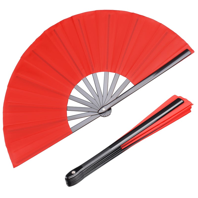 HONSHEN 2 Pack Large Folding Hand Fan red Chinese Kung Fu Tai Chi Fan NylonCloth Fan for Men and Women Performance Dance Decorations Festival Gift Folding Fan red 2p