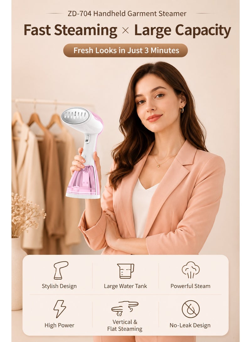 DOSCHER ZD-704 Handheld Garment Steamer – Powerful Steam 22g/min, 330 mL Water Tank, One-Touch Operation, Lightweight 0.8kg, Safe for Multiple Fabrics, Pink/White - Image 2