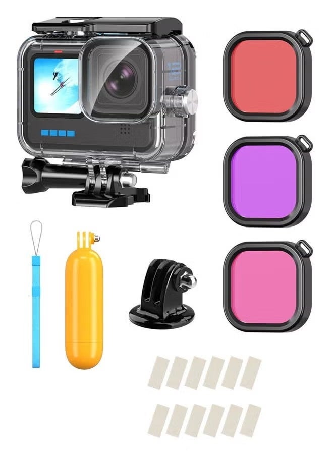 جراب مقاوم للماء مع فلاتر غوص لكاميرات GoPro Hero 13/Hero 12/Hero 11/Hero 10/Hero 9 باللون الأسود، طقم غوص واقٍ تحت الماء حتى عمق 230 قدمًا/70 مترًا، ملحق غوص لكاميرا الحركة الاحترافية - Image 1
